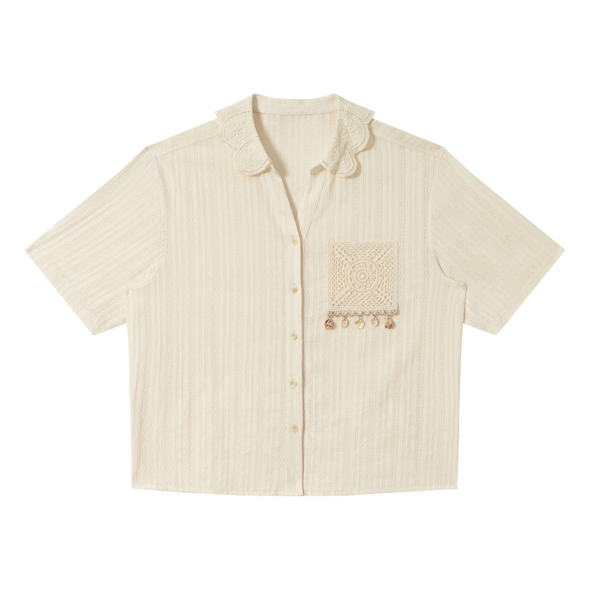 Cream short-sleeve button-front shirt with scalloped embroidered collar and crochet pocket with shell charms