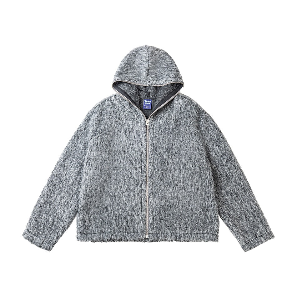 Gray fuzzy zip-up hooded jacket, front flat lay with zipper and blue neck label