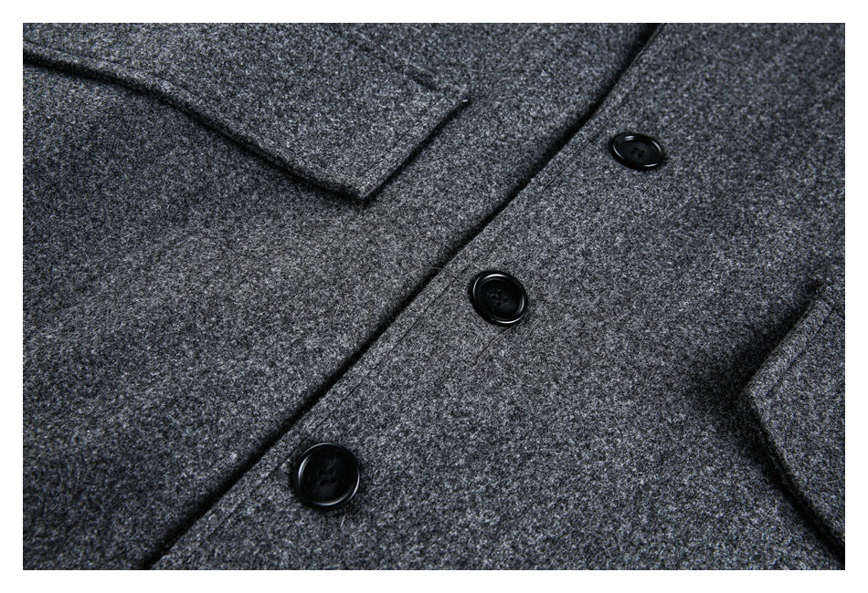 Close-up of the charcoal-gray coat front, showing three black buttons and overlapping lapels.