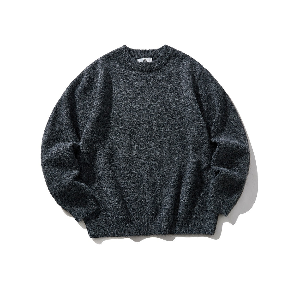 Dark gray brushed-knit crewneck sweater with ribbed collar, cuffs and hem, flat lay front view