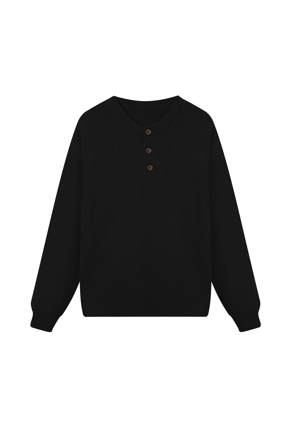Black ribbed-knit sweater with round neck and three-button placket, flat front view