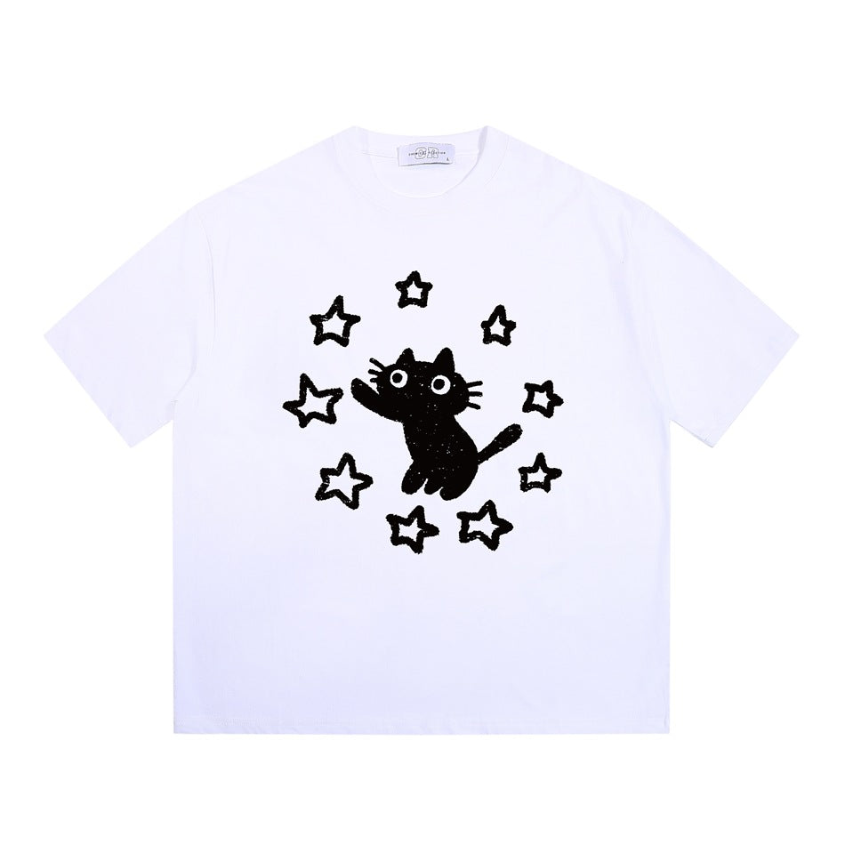 White short-sleeve crew-neck T-shirt with a black cat and stars graphic on the chest, flat lay