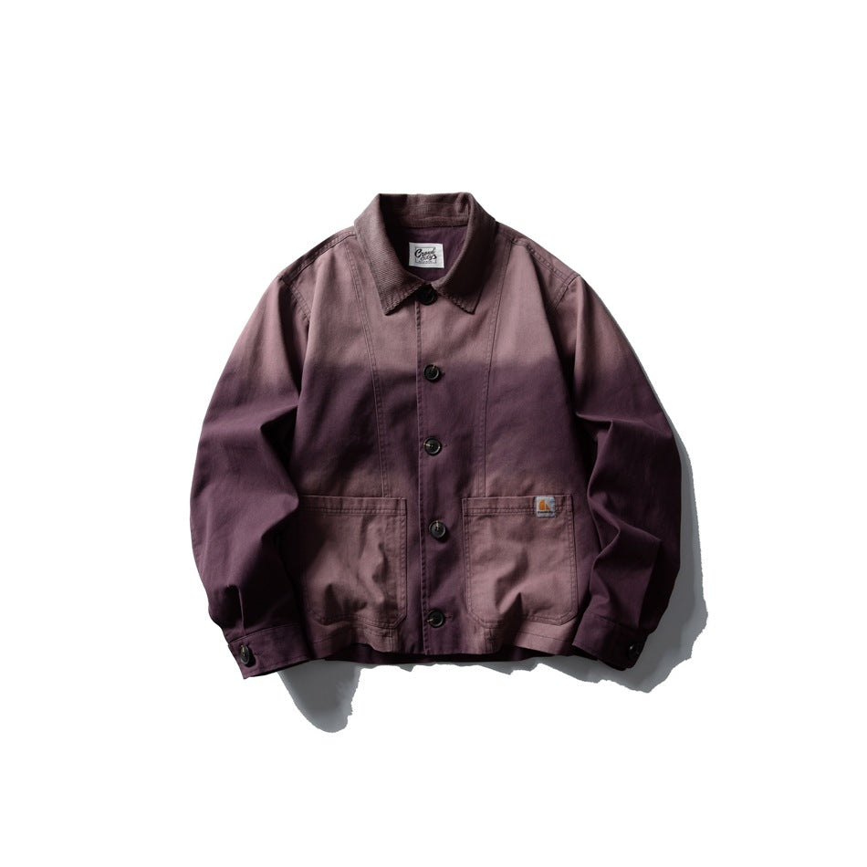 Plum purple gradient washed button-front jacket with ribbed collar and two patch pockets, flat lay