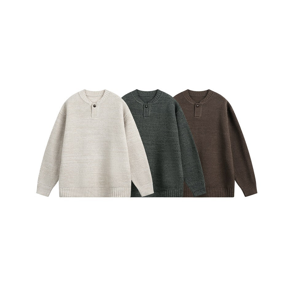 Three front views of a textured knit sweater with a short button placket, in oatmeal, charcoal gray and brown.