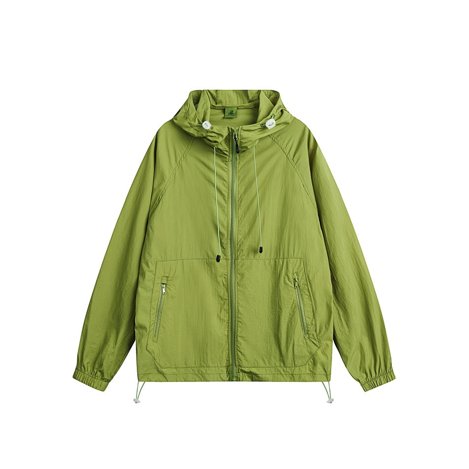Front view of a lime-green hooded jacket with a full zipper, drawcords, and two zippered pockets.