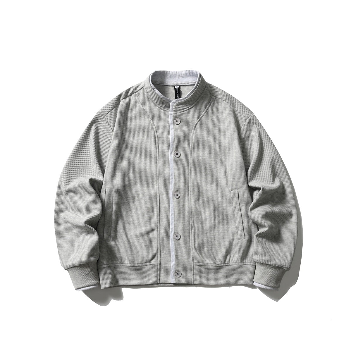 Heather gray waffle-knit stand-collar button jacket with ribbed cuffs and hem, flat lay front view
