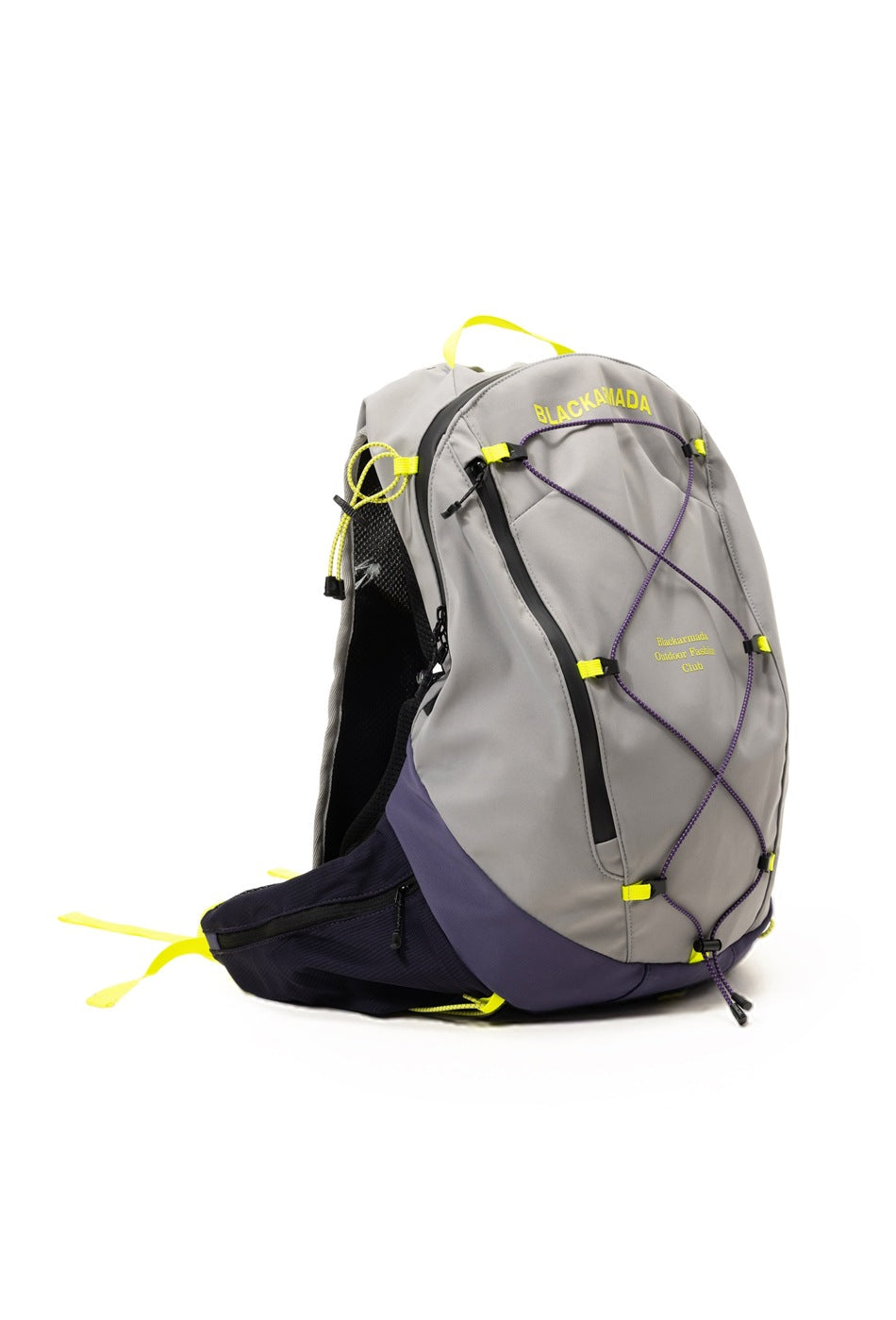 Gray and purple backpack with a purple front bungee cord, neon yellow accents, and black mesh side panels.