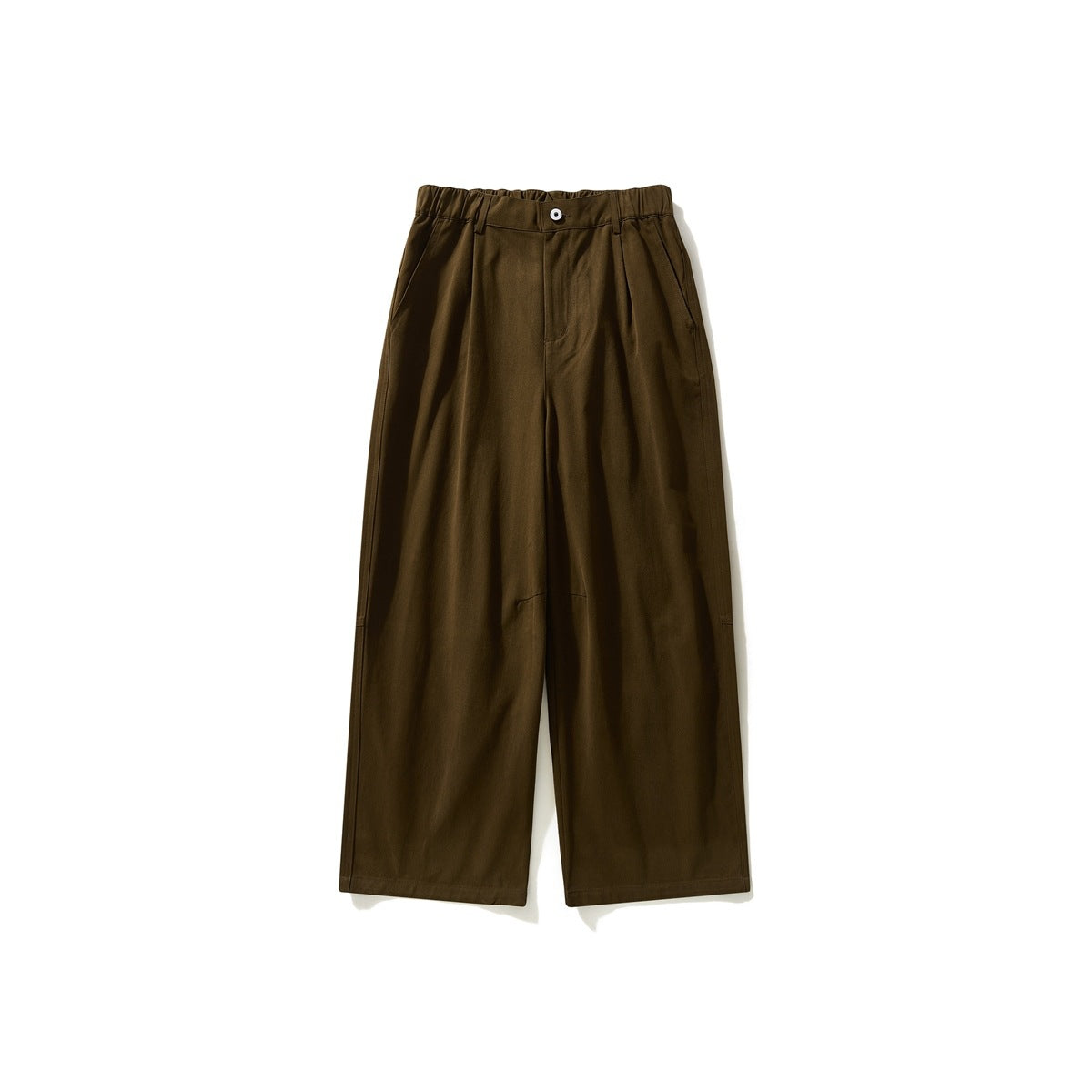 Brown wide-leg pants flat lay with elastic waistband, button front, front pleats and side pockets