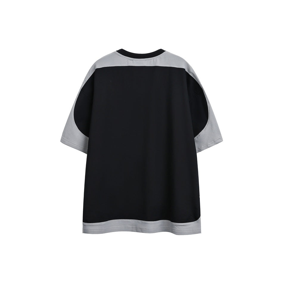 Back view of a black T-shirt with light-gray shoulder, sleeve, and hem panels.