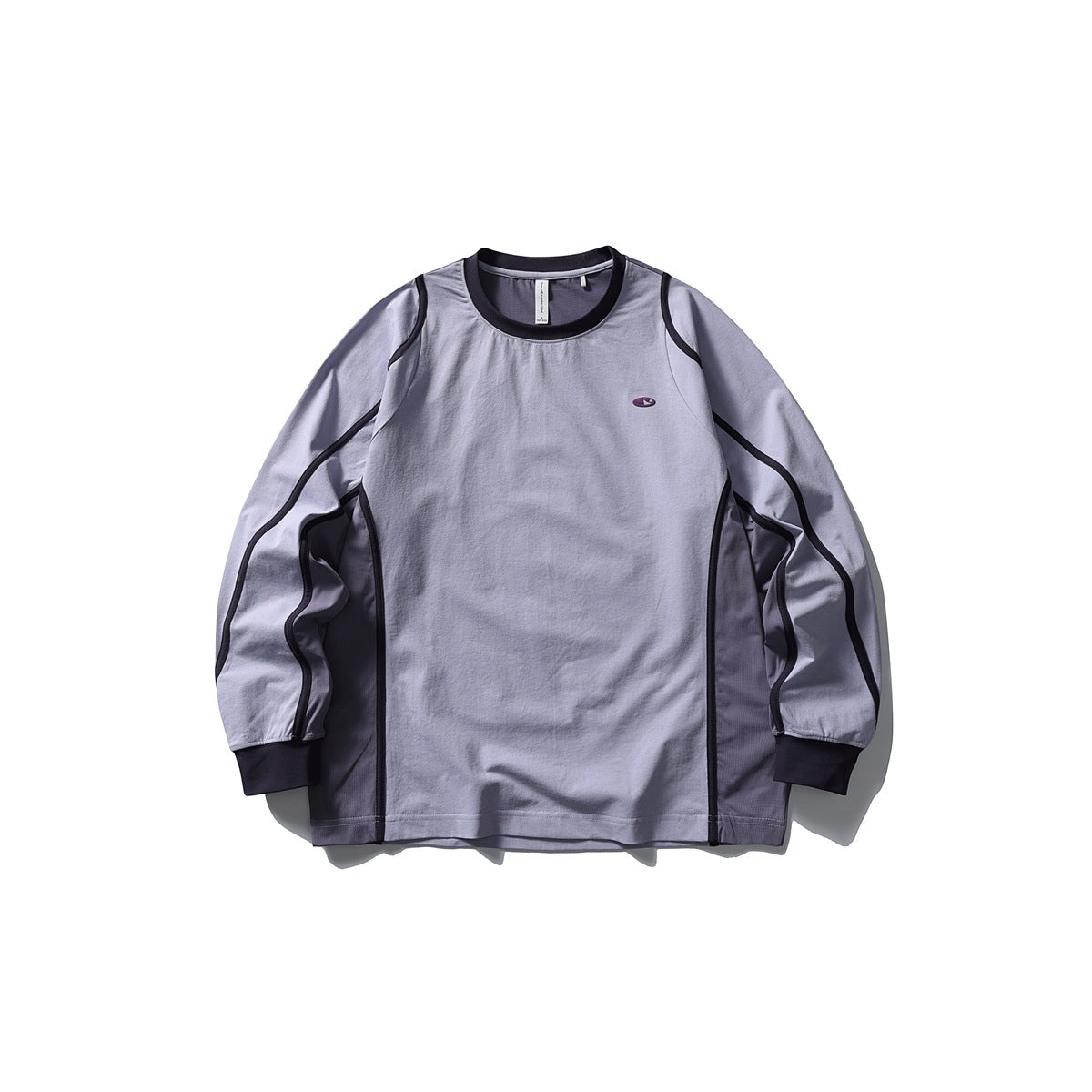 Lavender-gray long-sleeve crew-neck top with dark purple trim and muted purple side panels, flat lay