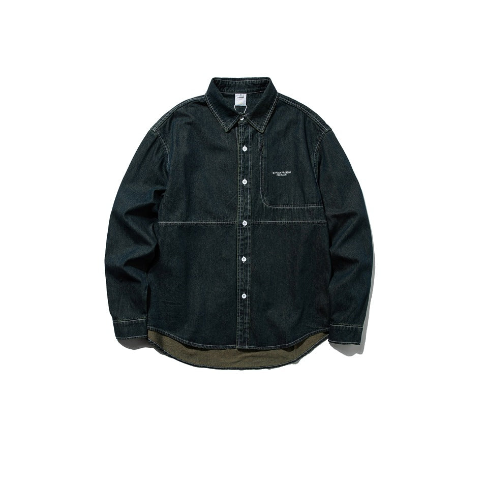 Dark blue-green denim button-front shirt, front flat lay, with chest pocket and olive hem edge
