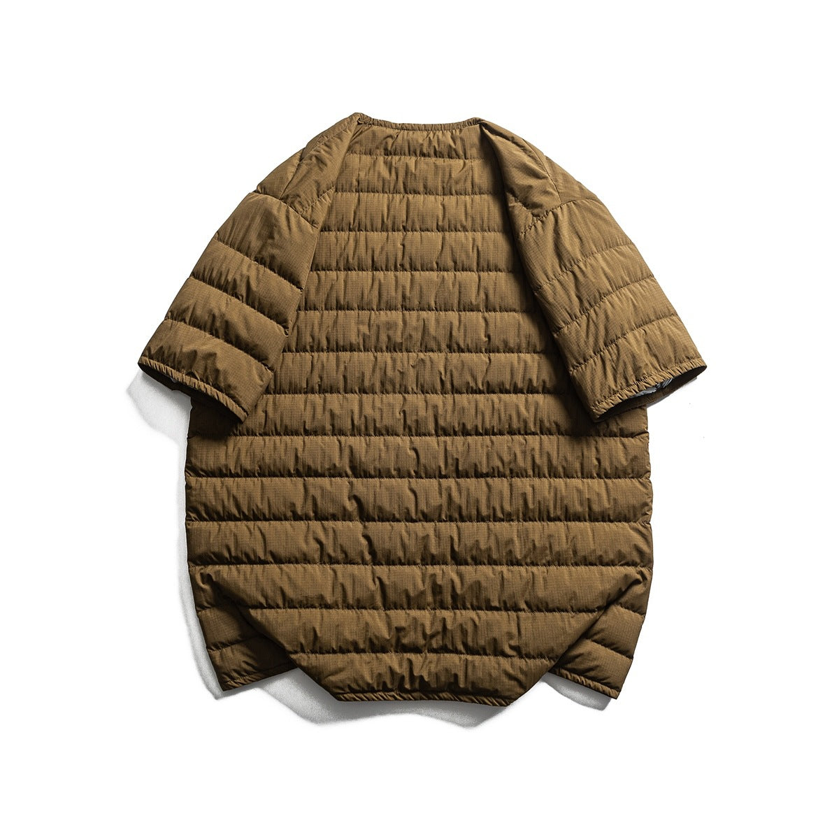 Back view of a brown short-sleeve quilted jacket with horizontal padded channels.