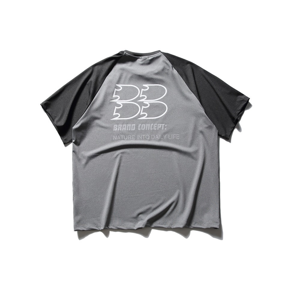 Back of gray short-sleeve raglan T-shirt with dark gray sleeves and white outline B graphic with slogan text