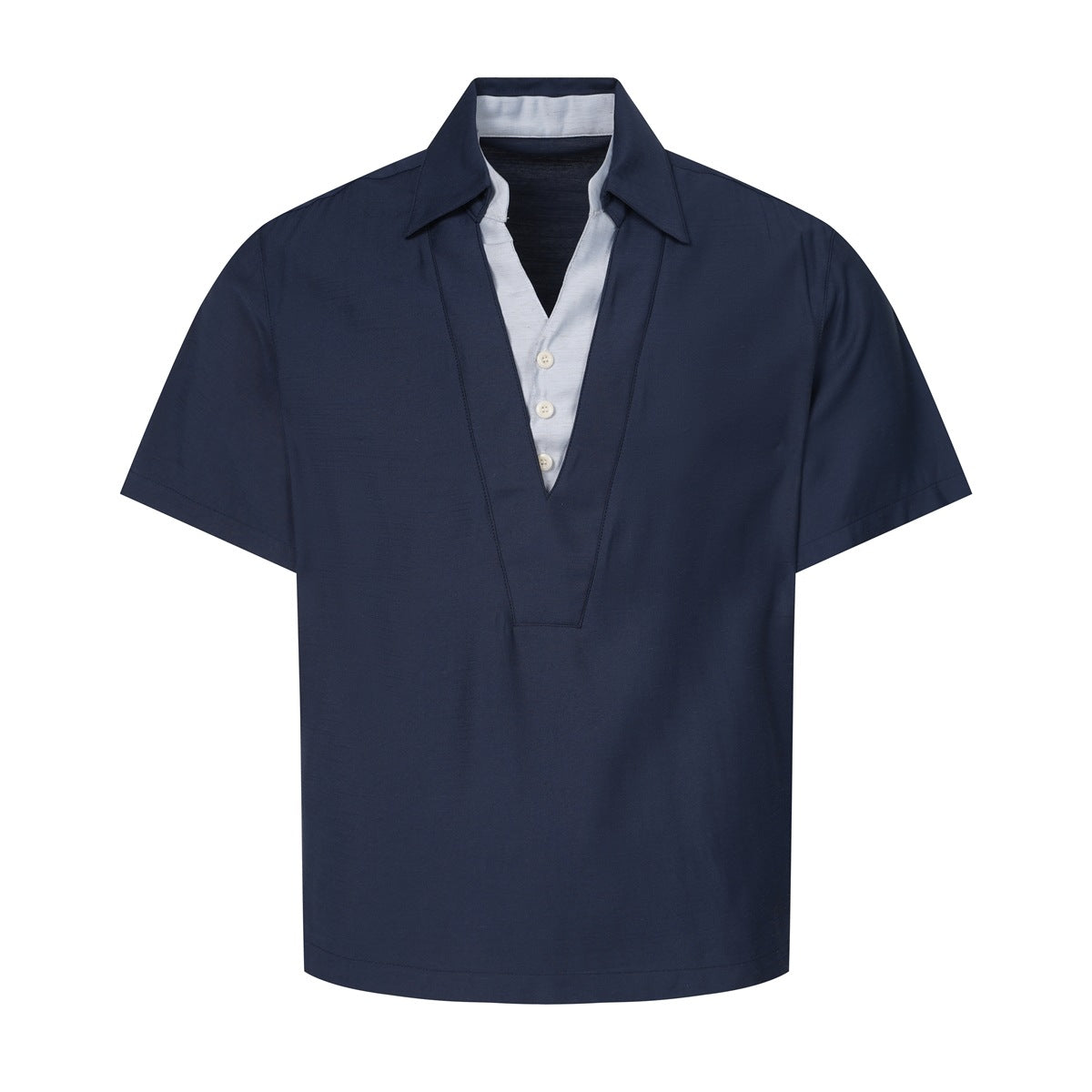 Navy short-sleeve shirt with pointed collar and deep V front over a light blue buttoned inner layer, flat front view