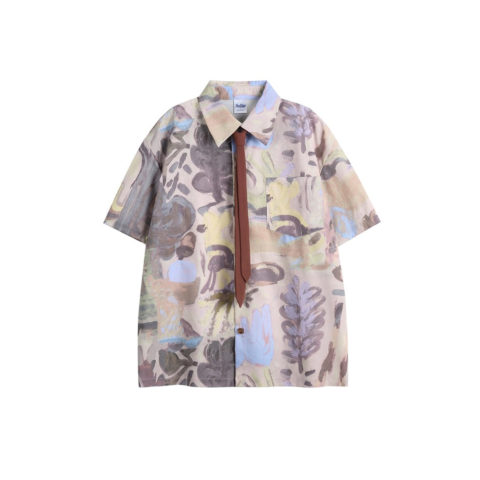 Pink-purple abstract print short-sleeve shirt with brown necktie, flat lay front view