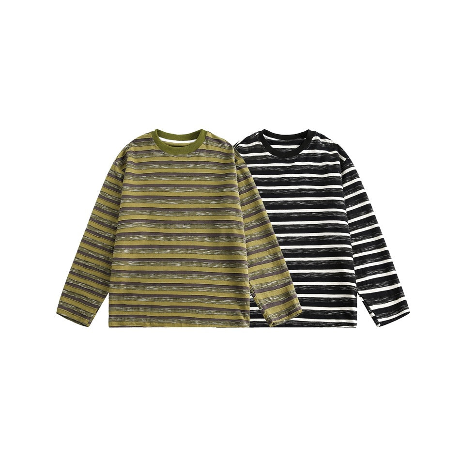 Two long-sleeve crewneck shirts shown side by side: one olive and brown striped, the other black and white striped.