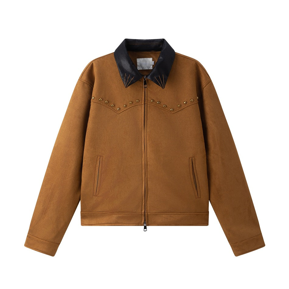 Brown suede-look zip jacket with black collar and bronze studs on the yoke, flat front view on white