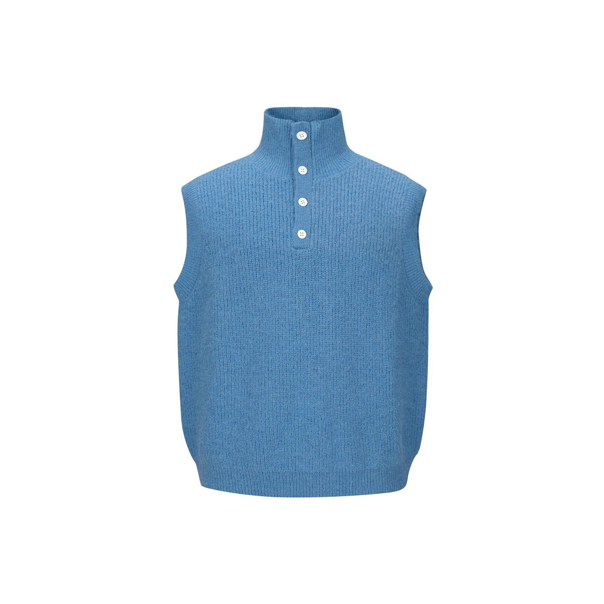 Blue ribbed knit sleeveless vest with stand collar and four white buttons, front view on plain white background