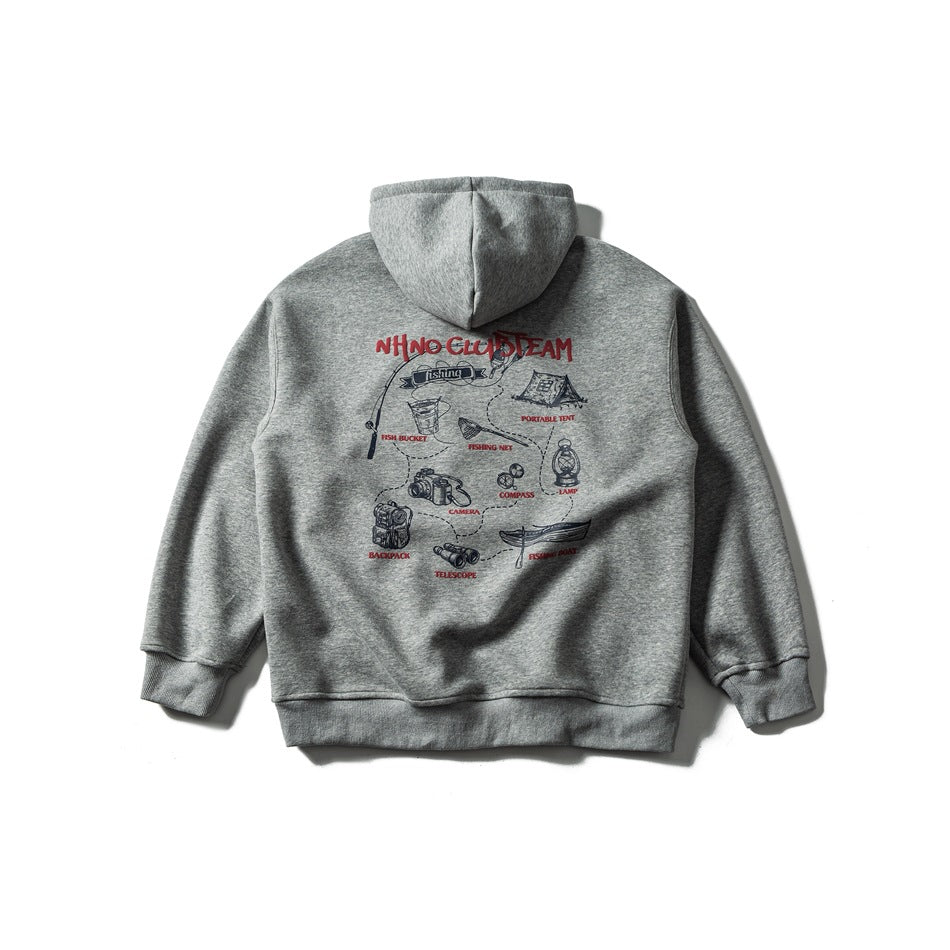 Back of a gray hooded sweatshirt with a red and navy camping and fishing illustrated print