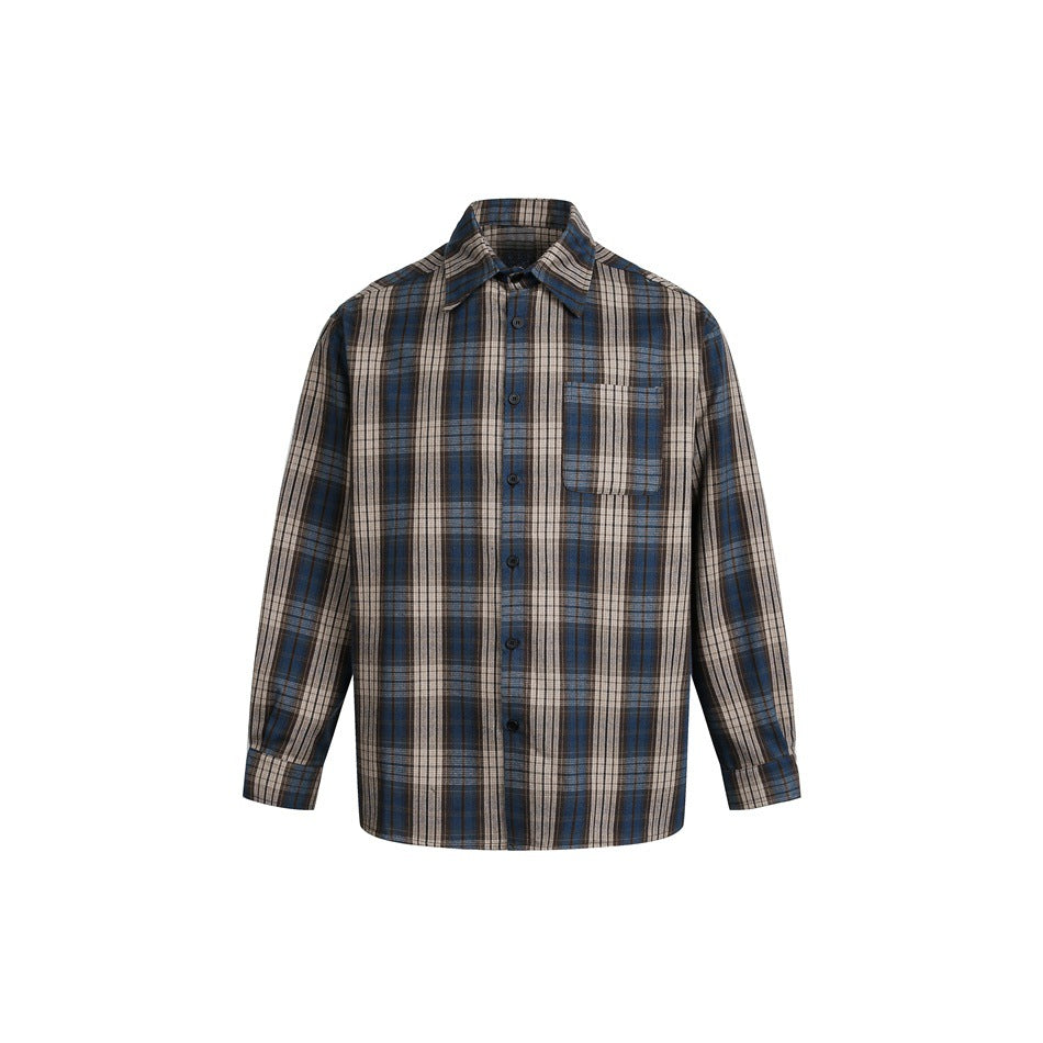 Blue, brown and beige plaid long-sleeve button-up shirt with chest pocket, flat front view on white background