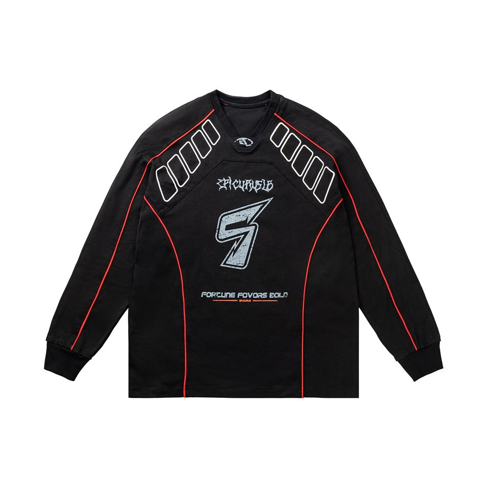 Front view of a black long-sleeve shirt with red piping, outlined shoulder graphics, and a large gray number-style print.