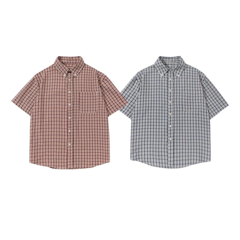 Two short-sleeve button-up plaid shirts shown from the front: burgundy and cream, and blue and cream.