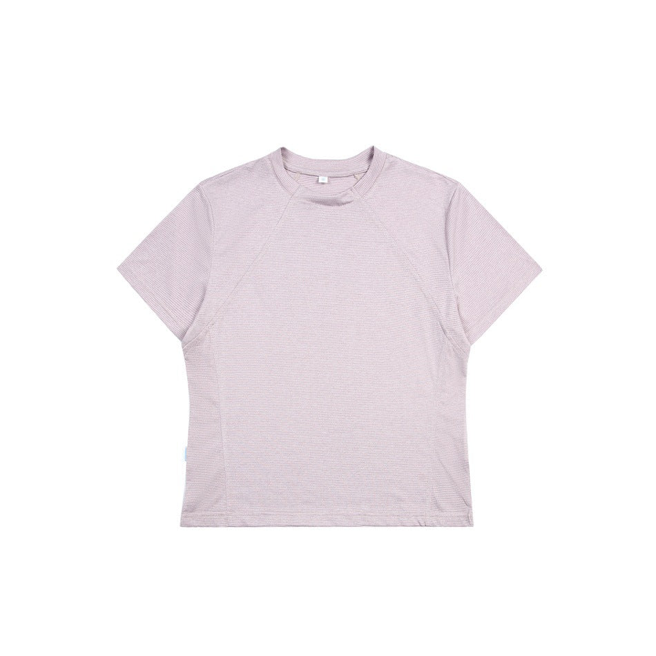 Dusty pink short-sleeve crew-neck T-shirt with raglan seams and fine ribbed texture, flat lay