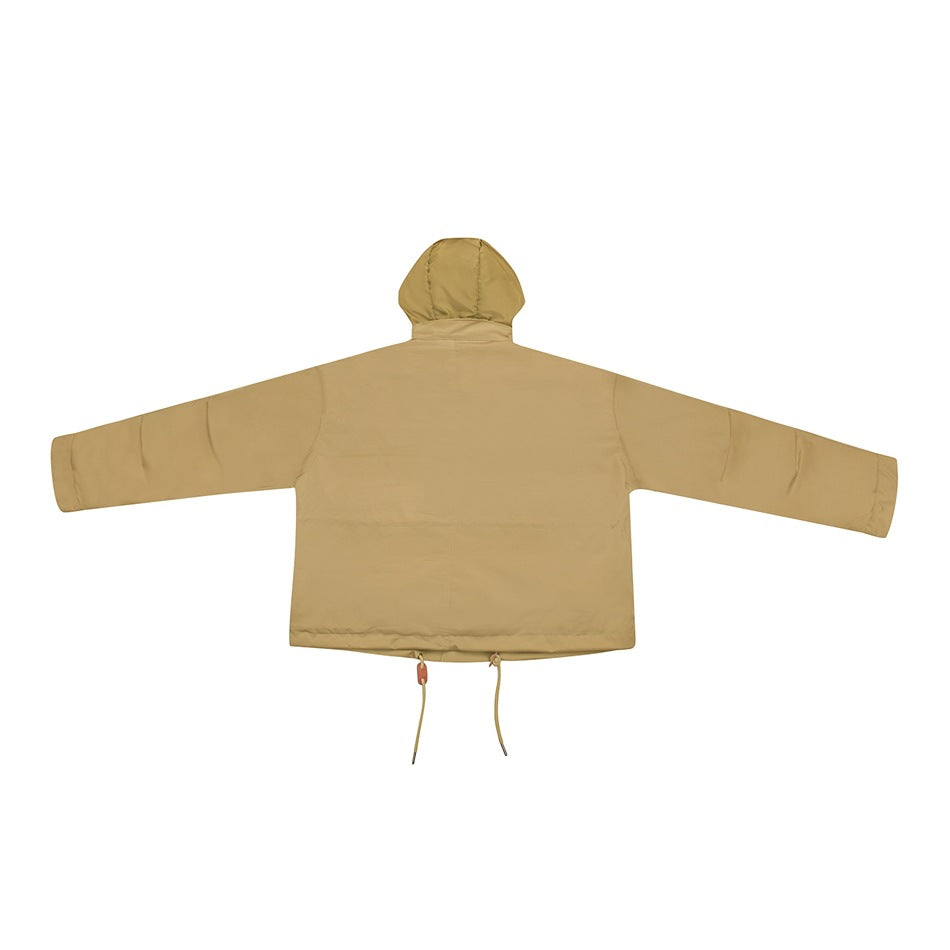 Back view of a tan hooded jacket displayed flat, with long sleeves and adjustable hem drawcords.