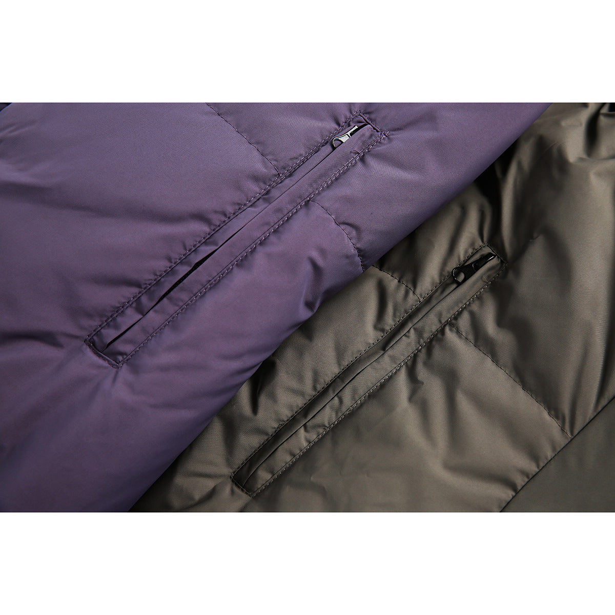 Close-up of diagonal zip pockets on purple and charcoal padded jackets.