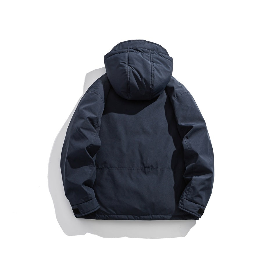 Back view of a dark navy hooded jacket laid flat, showing the hood, sleeves, and lower-back seam.