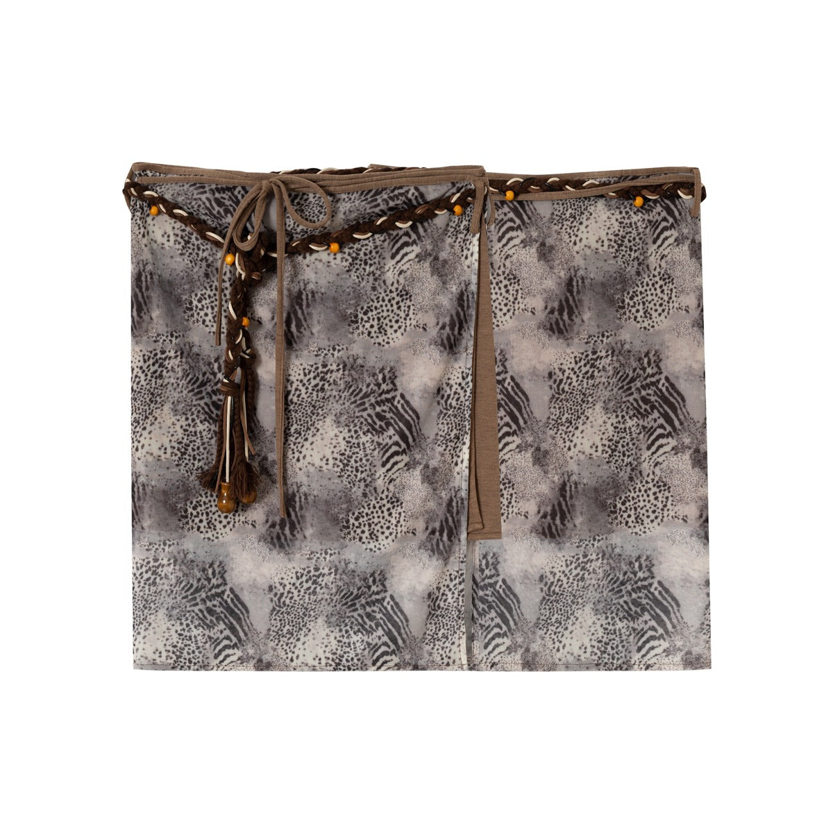 Front view of a gray animal-print mini skirt with brown edging, braided waist trim, beads, and long ties.