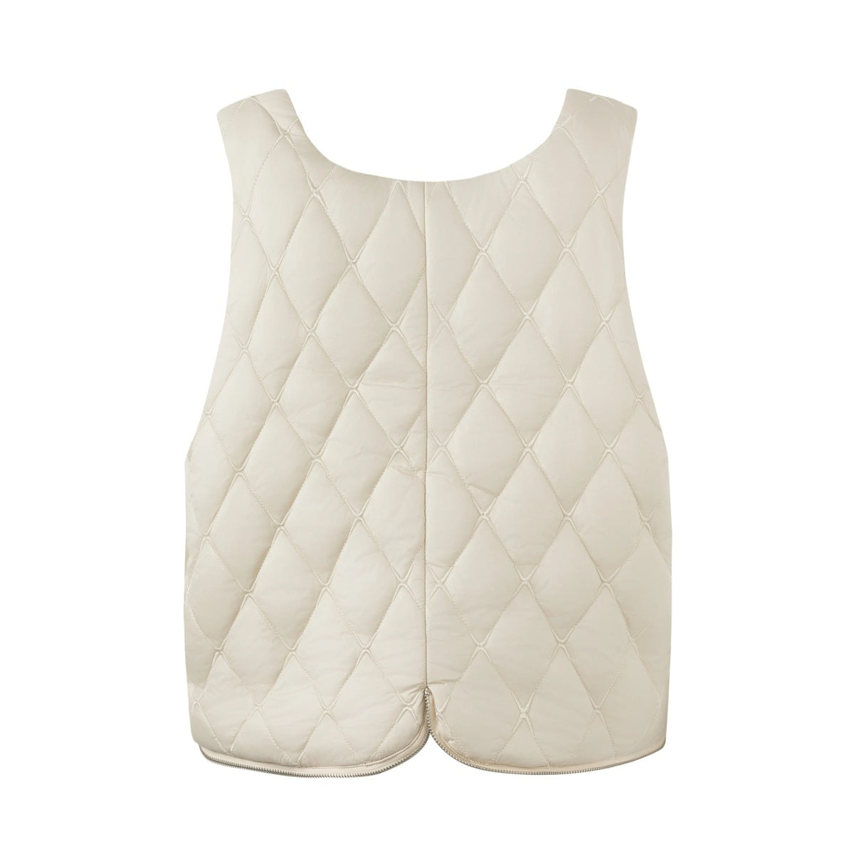 Off-white diamond-quilted sleeveless vest, flat back view with center seam and curved hem