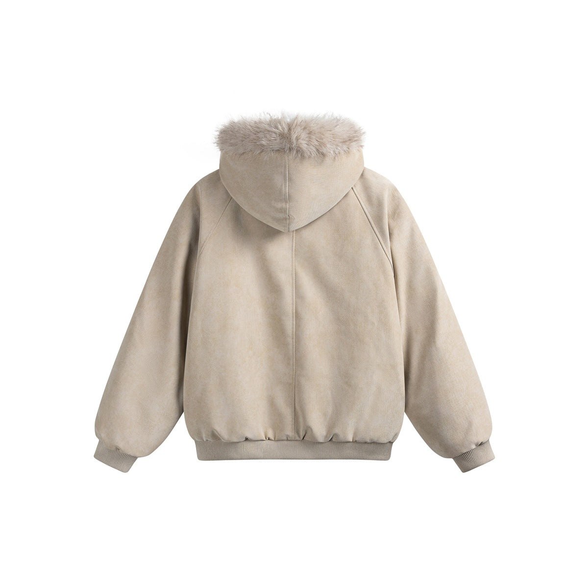 Back view of a beige hooded jacket with fur trim, raglan sleeves, and ribbed cuffs and hem.