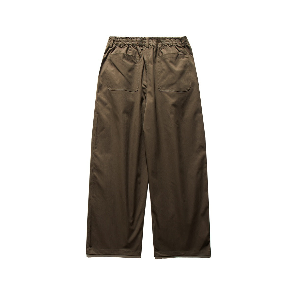 Back view of dark olive-brown wide-leg pants with an elasticated waist and two large patch pockets.