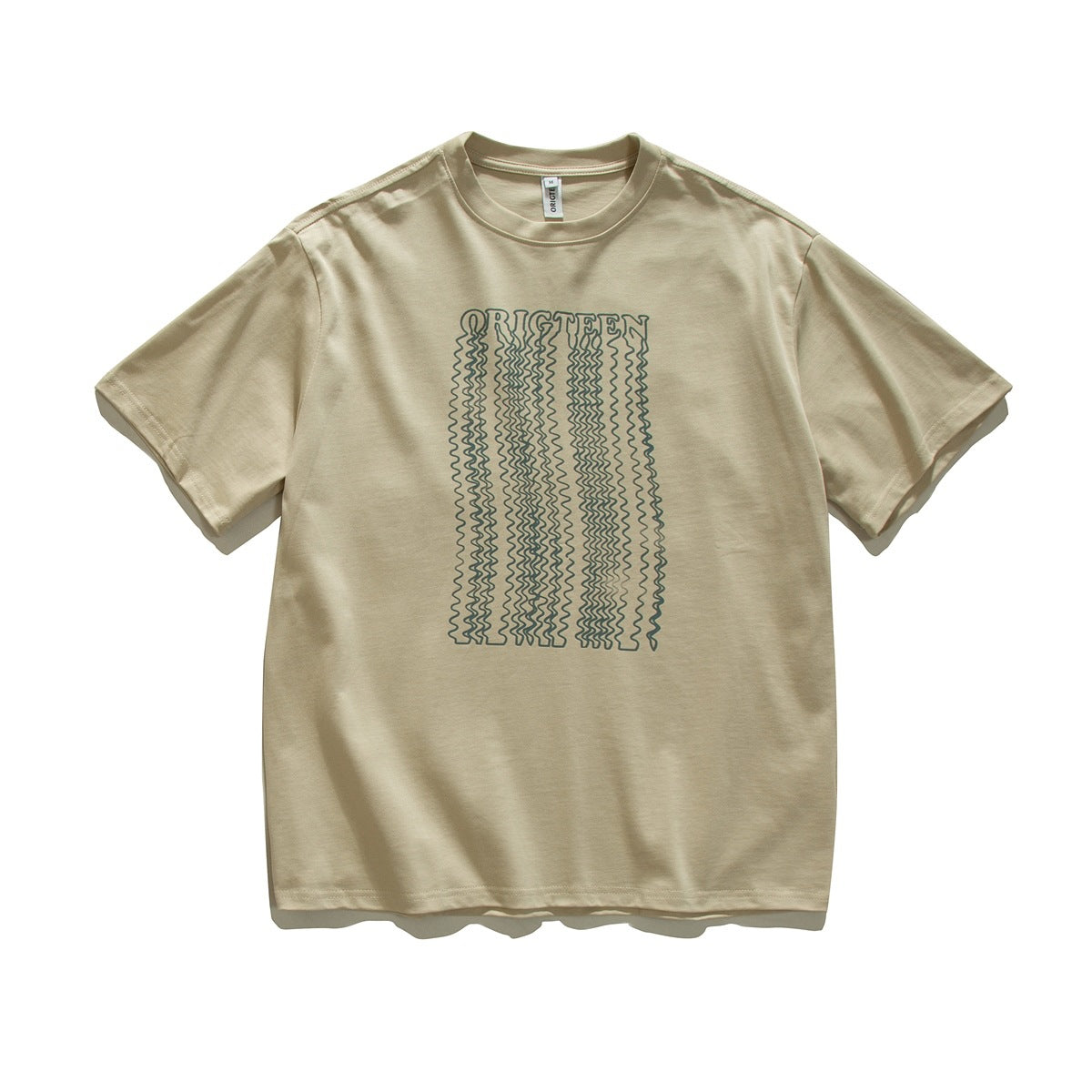 Khaki short-sleeve crew-neck T-shirt flat lay with wavy blue-green line graphic print on the chest