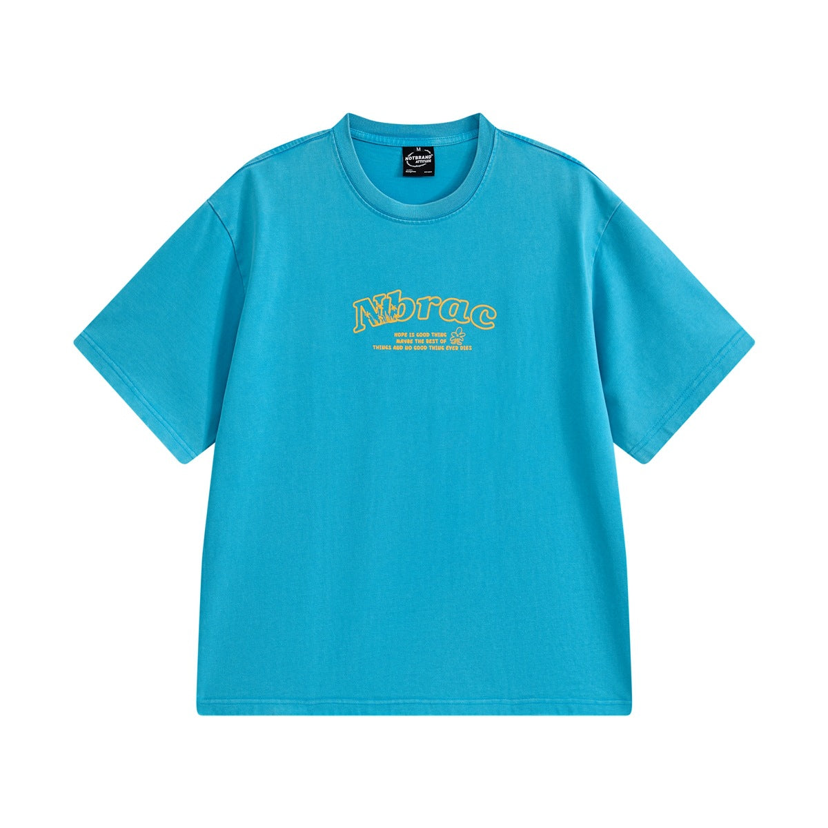 Blue short-sleeve crew-neck T-shirt with small yellow outlined Nbrac lettering print on the chest, flat lay