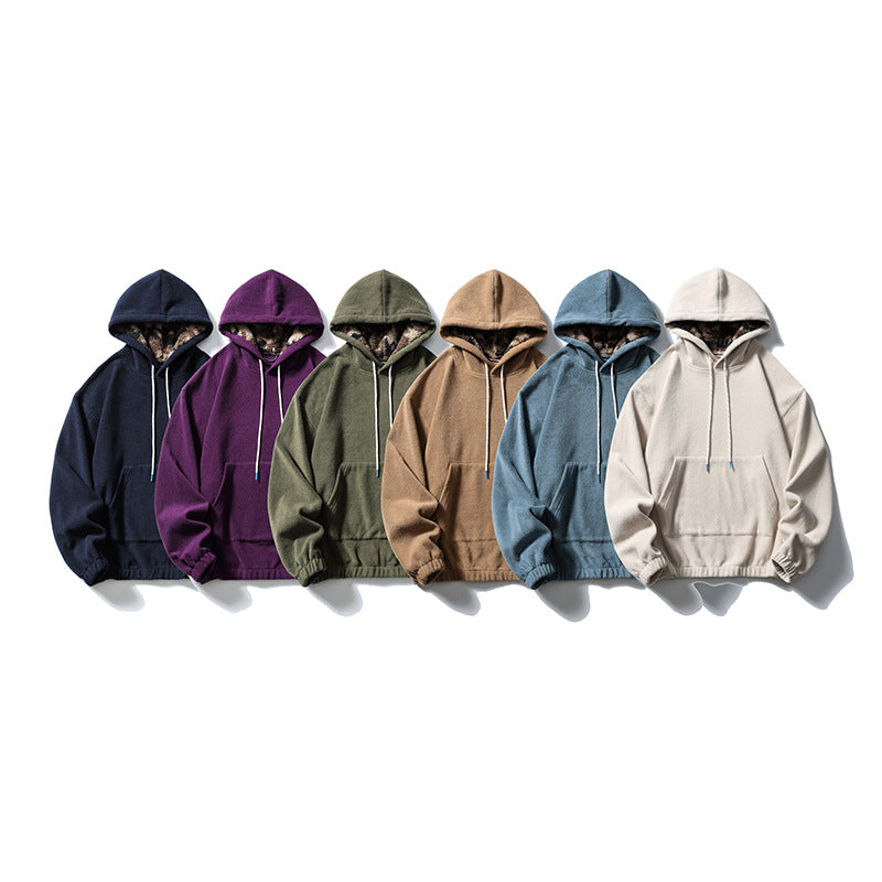 Six pullover hoodies displayed together in navy, purple, olive, tan, blue, and off-white.