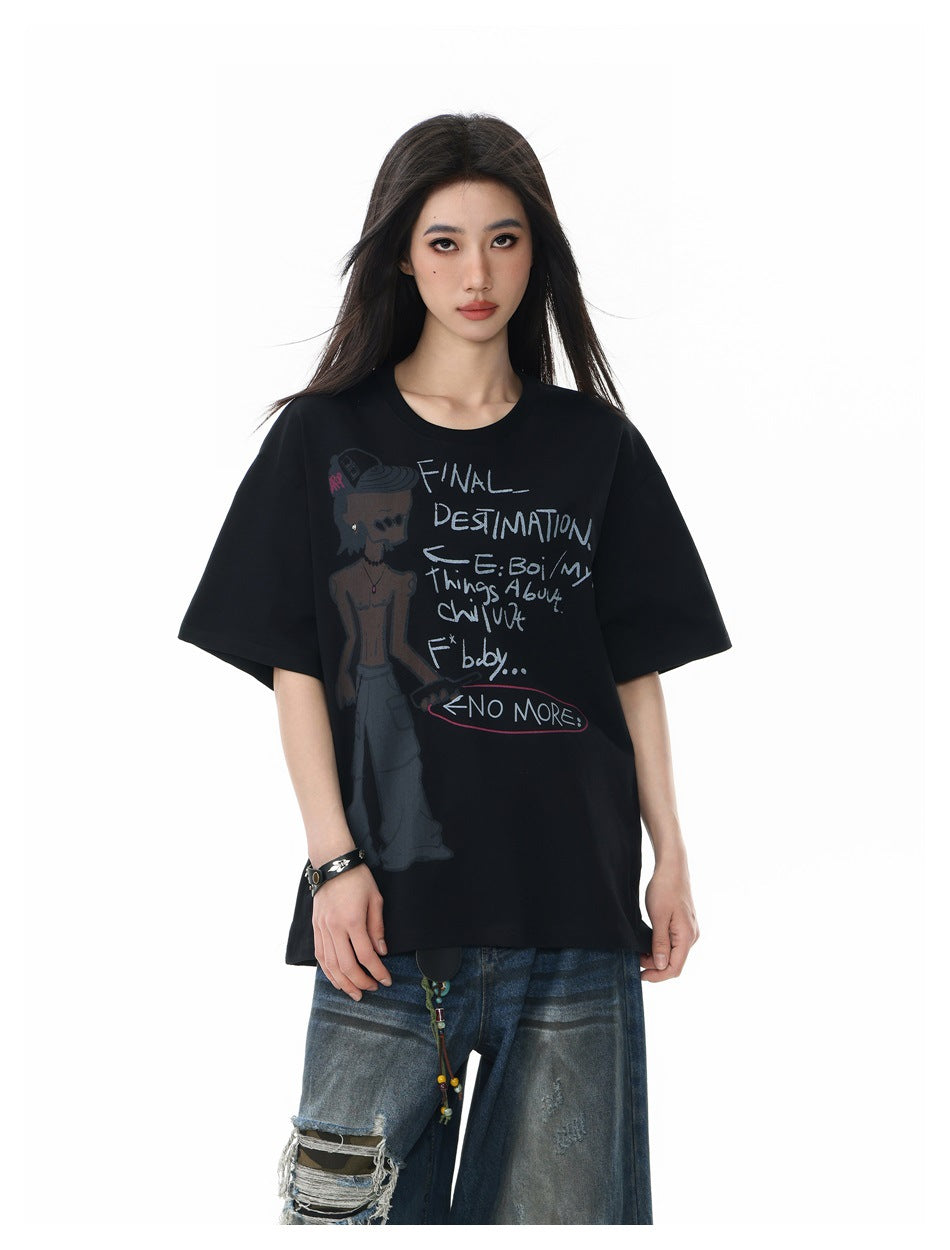 Model wearing an oversized black T-shirt with a large illustrated English text graphic on the front.