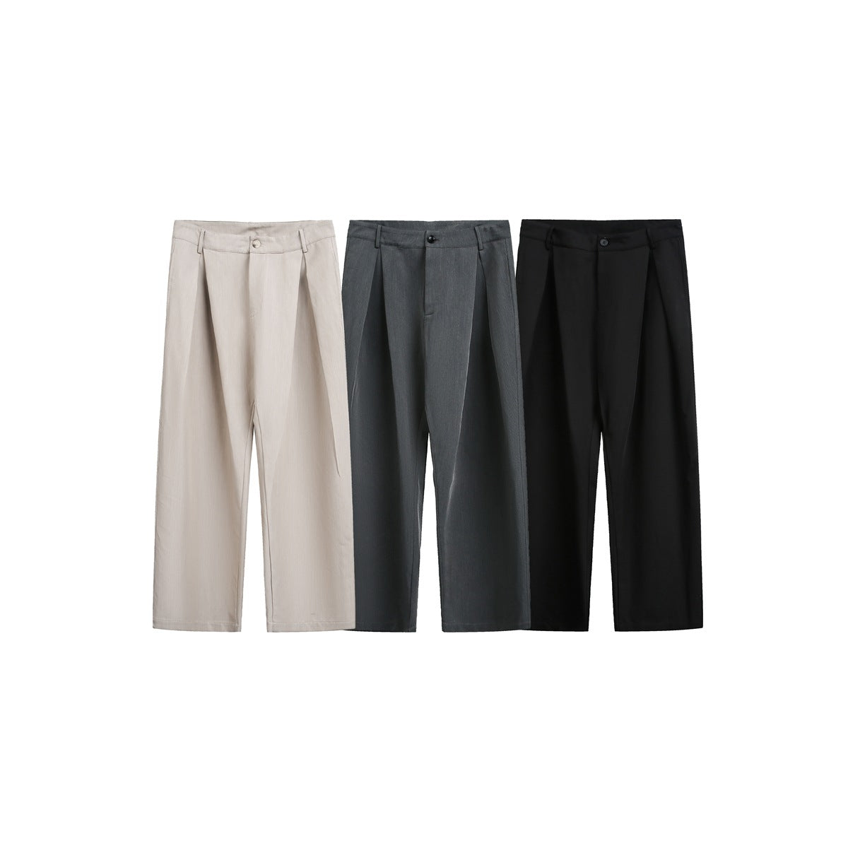 Three pairs of wide-leg trousers shown from the front in light beige, charcoal gray, and black.