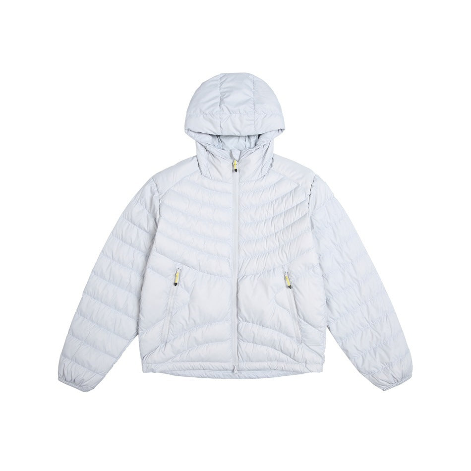 Light gray-white hooded quilted puffer jacket, front view flat lay, with zipper and yellow-pull pockets