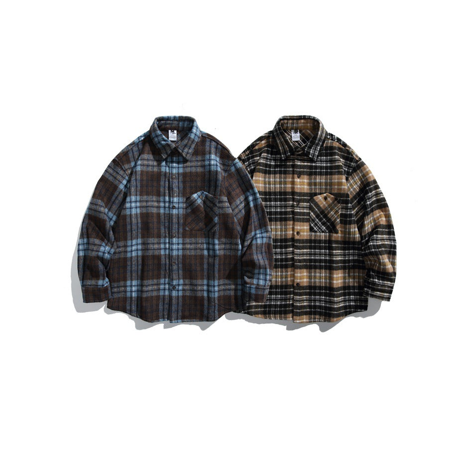 Two button-front plaid shirts shown side by side: one blue and brown, the other black, tan, and white.