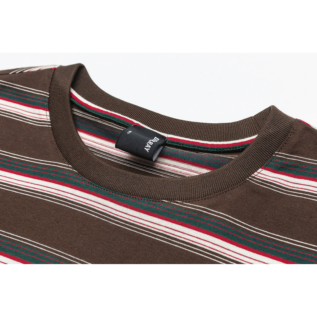 Close-up of a brown striped knit top's ribbed crew neckline and black inner label.