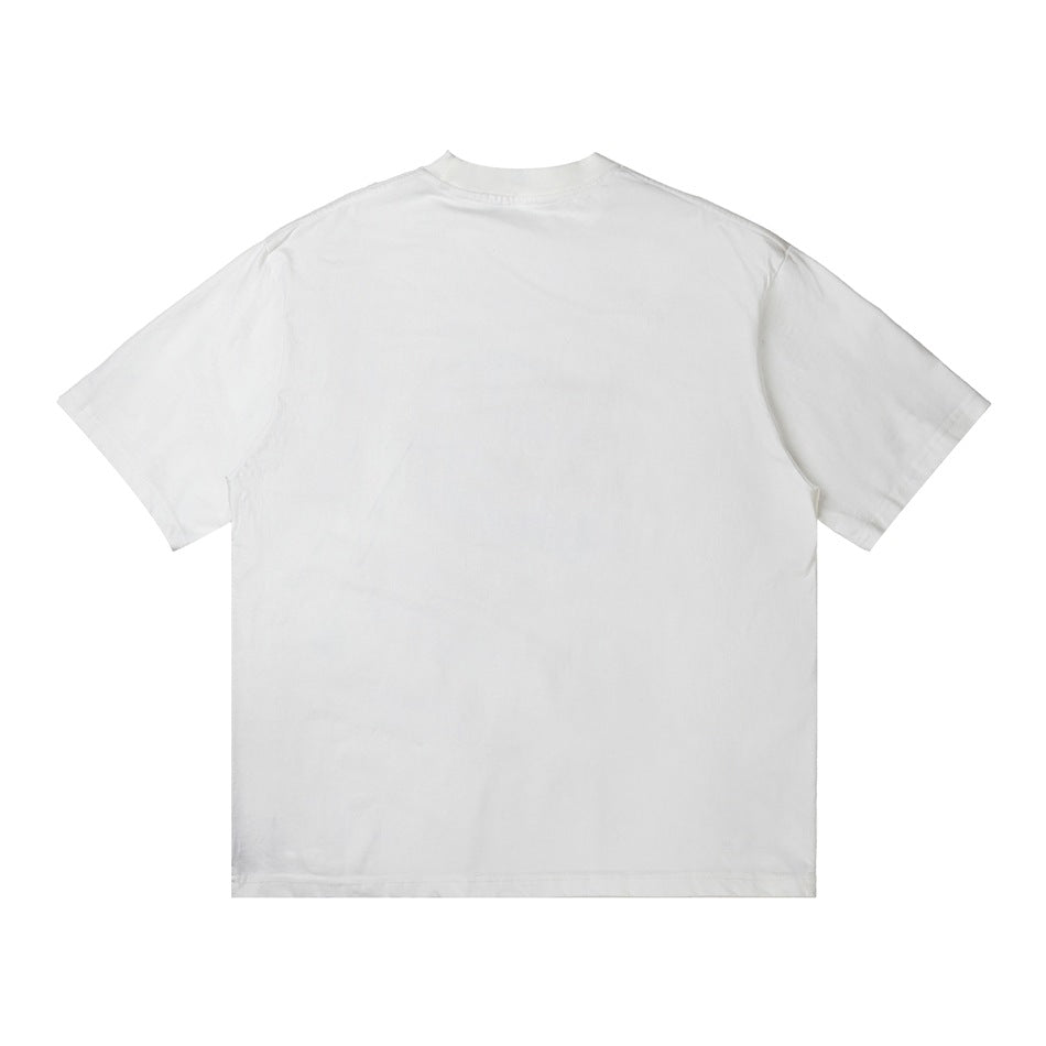 Back view of a plain white short-sleeve crew-neck T-shirt, flat lay