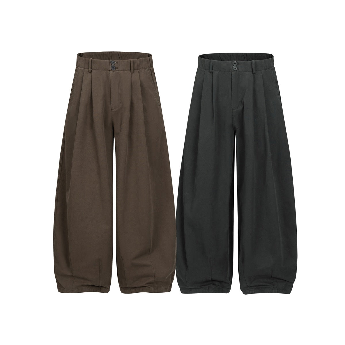 Front view of wide-leg trousers in brown and charcoal, with pleated waists, button closures and tapered hems.