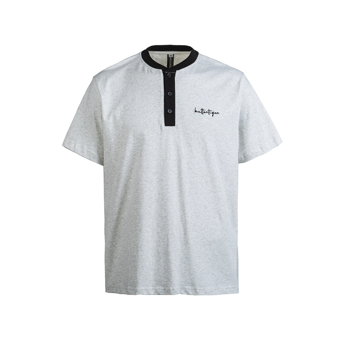 Heather gray short-sleeve Henley T-shirt with black band collar, black button placket and embroidered chest script