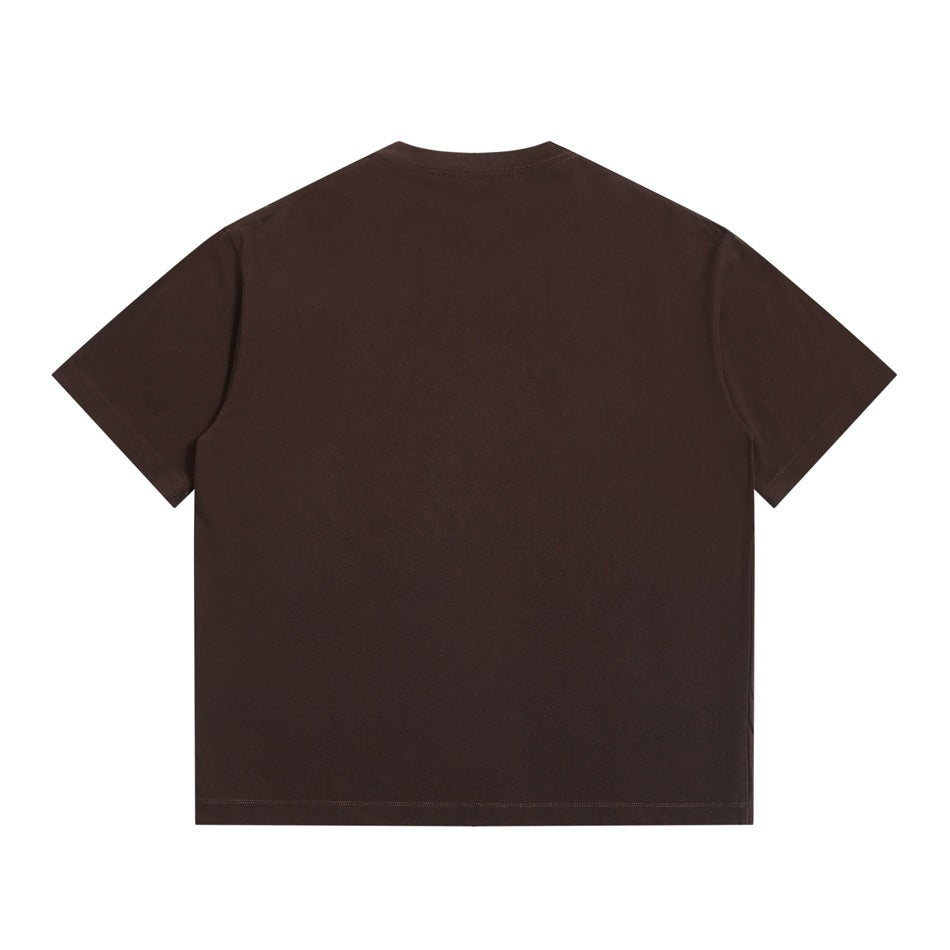 Back view of a plain brown short-sleeve crew-neck T-shirt laid flat.