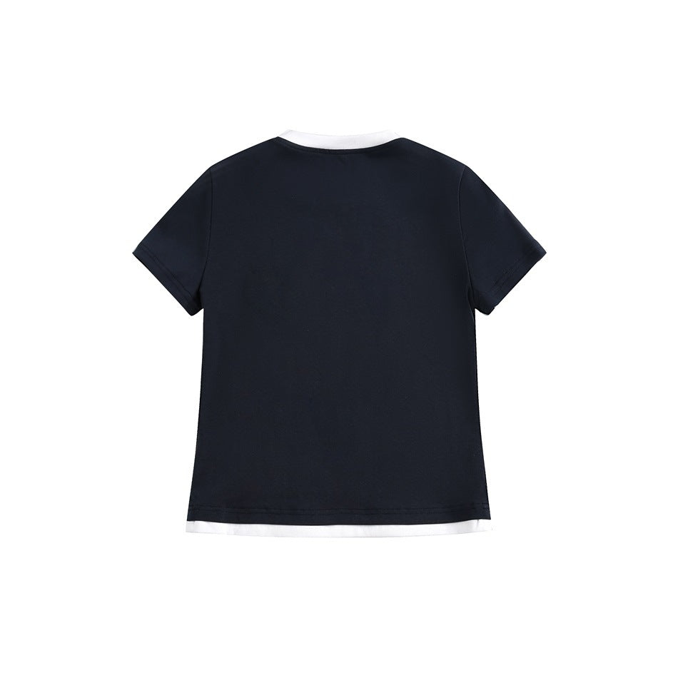Back view of black short-sleeve T-shirt with white layered trim at the collar and hem, flat lay