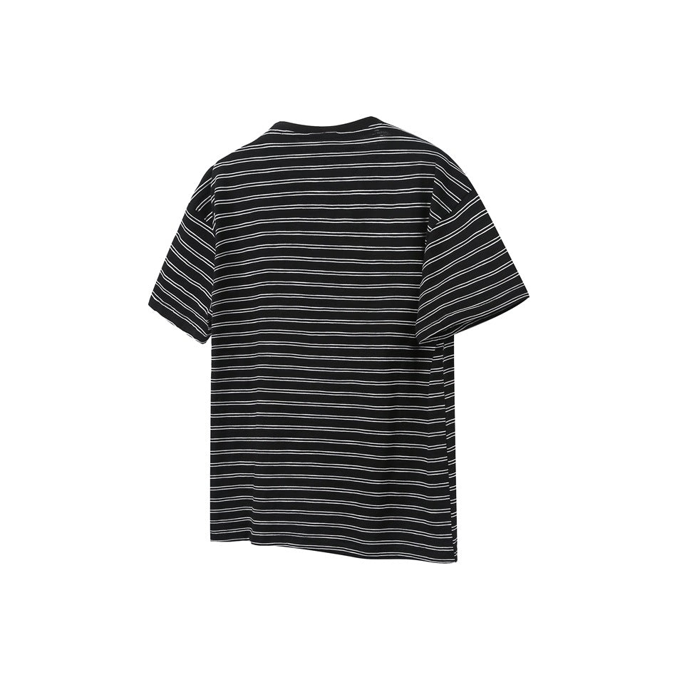 Back view of black short-sleeve T-shirt with white double stripes and a ribbed crew neckline