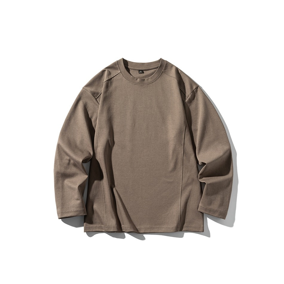Khaki brown long-sleeve crewneck top flat lay with shoulder and side seam details