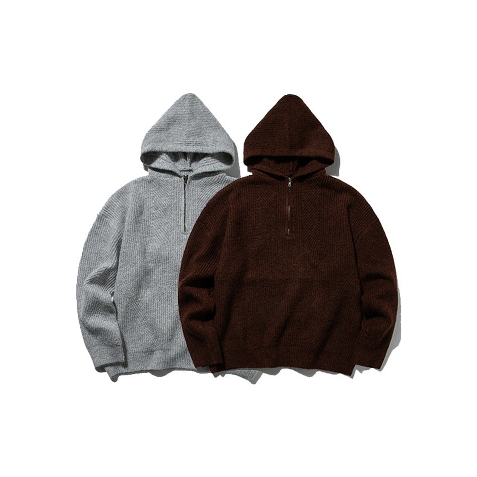 Front view of two hooded knit sweaters, one light gray and one dark brown, with short zip necks.